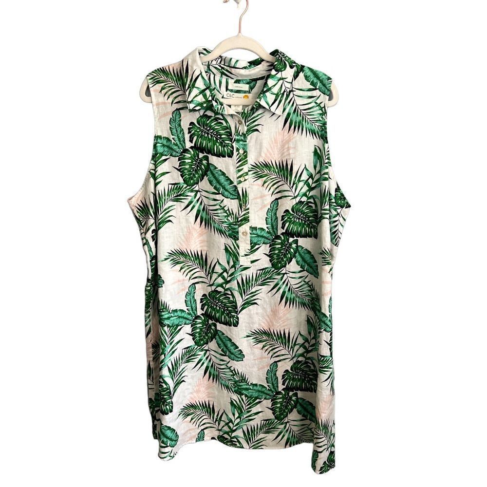 C & C California Women’s 2X 100% Linen sleeveless palm tree tropical dress